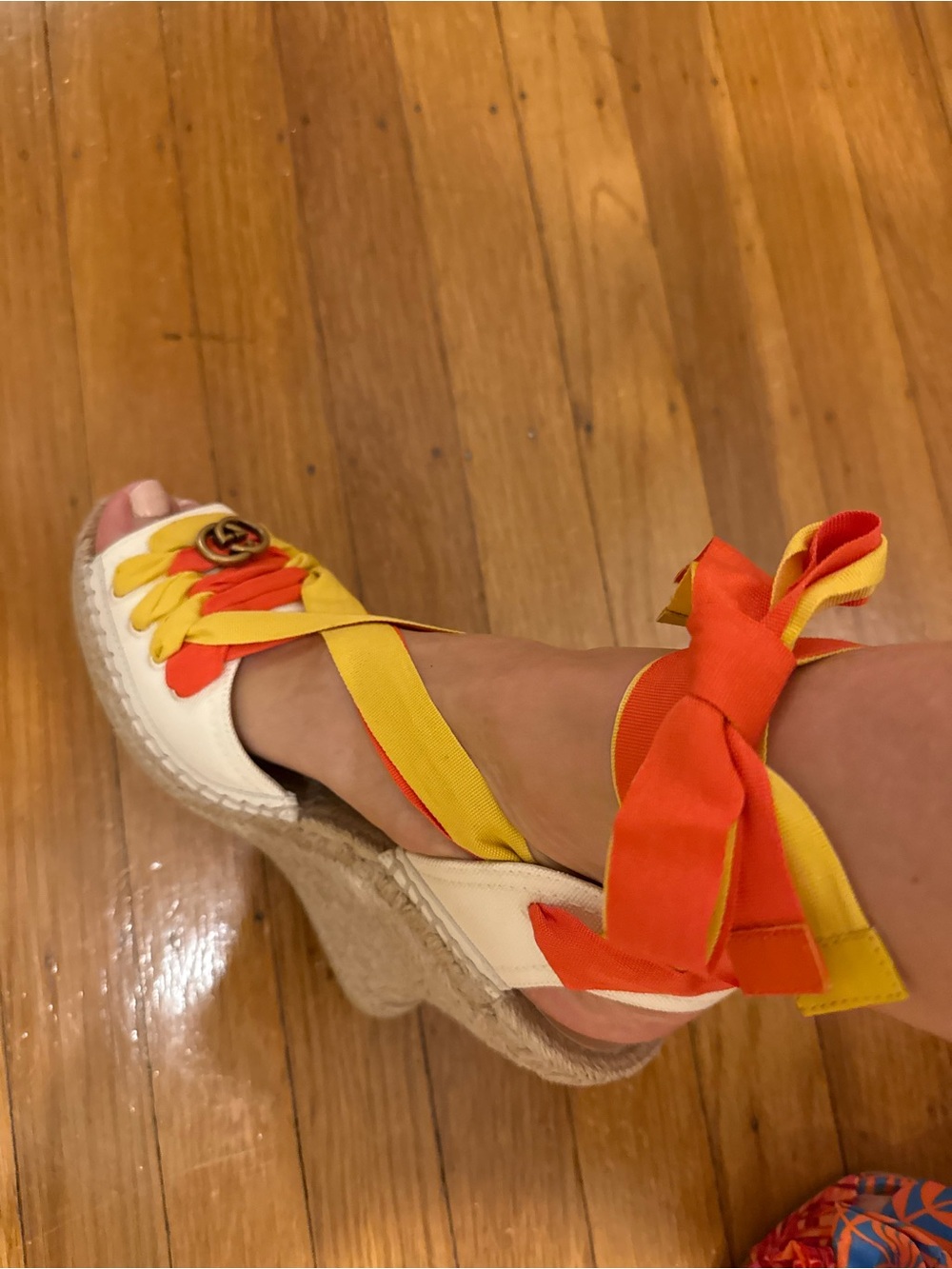 Gucci GG Espadrille Wedges Orange Yellow Ribbon Ties EU 39 New With Box